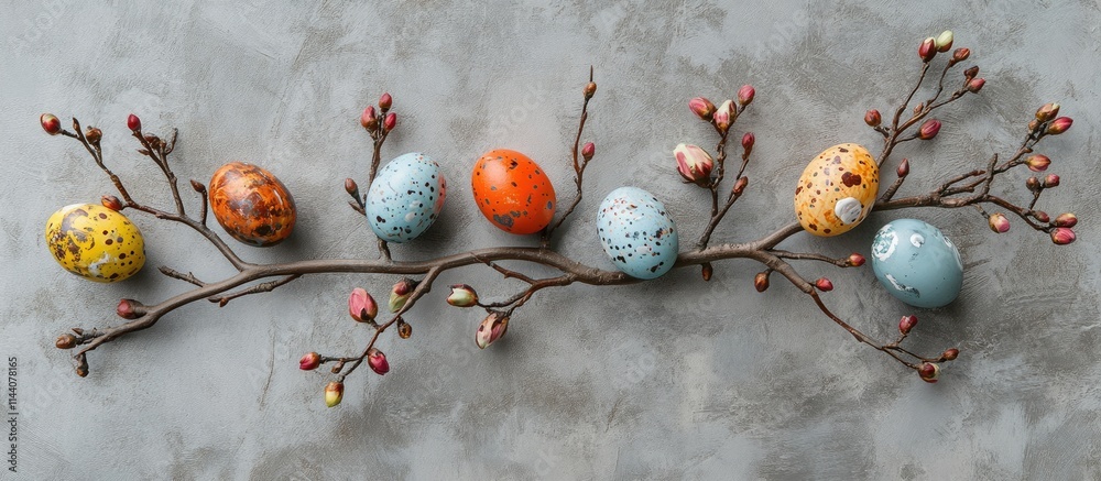 Aufkleber colorful easter eggs arranged with budding branches on a gray background flat lay for festive spring
