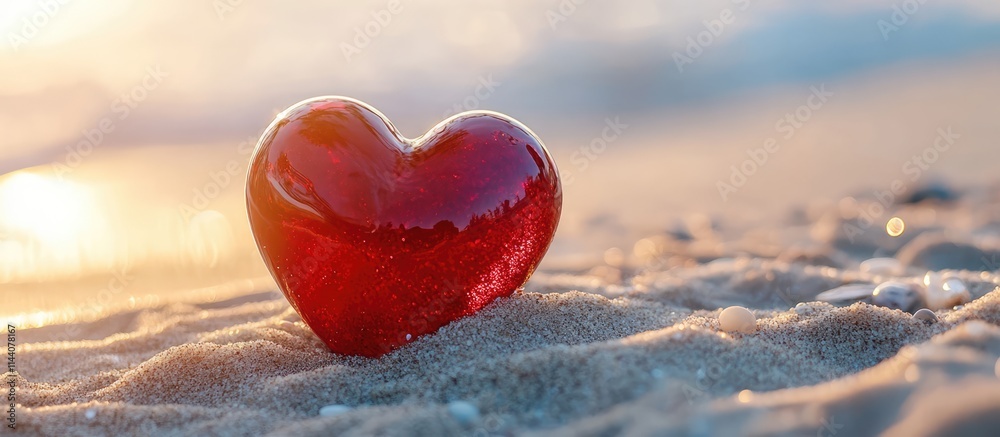 Aufkleber Red Heart Shaped Object Resting on Sandy Beach with Gentle Waves in Background During Sunset