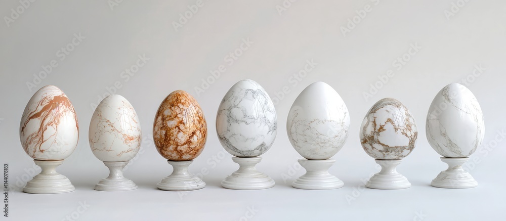Poster elegant display of decorative marble-patterned eggs on white pedestals against a minimalist backgrou