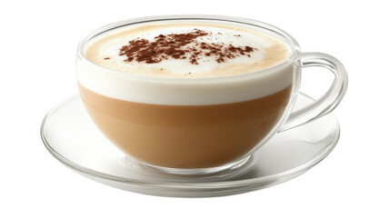 A delicious cup of frothy cappuccino served in a clear glass, perfect for coffee lovers and cafes, showcasing the rich texture and art of coffee making..
