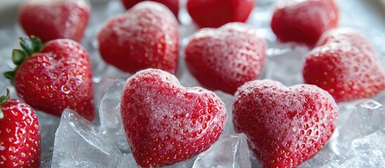 Heart shaped strawberries on ice creating a romantic dessert for Valentine's Day celebrations