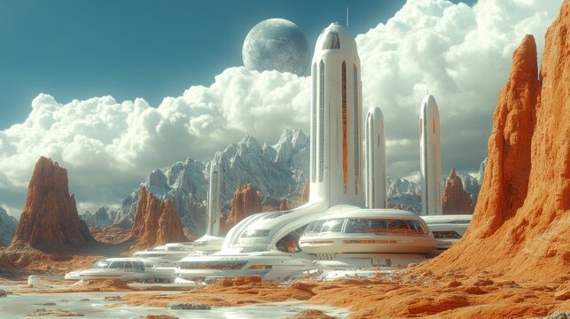 Futuristic colony on an alien planet with towering structures and a large moon.