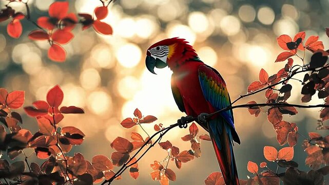 A vibrant parrot perched on a branch amidst autumn leaves and a blurred background footage