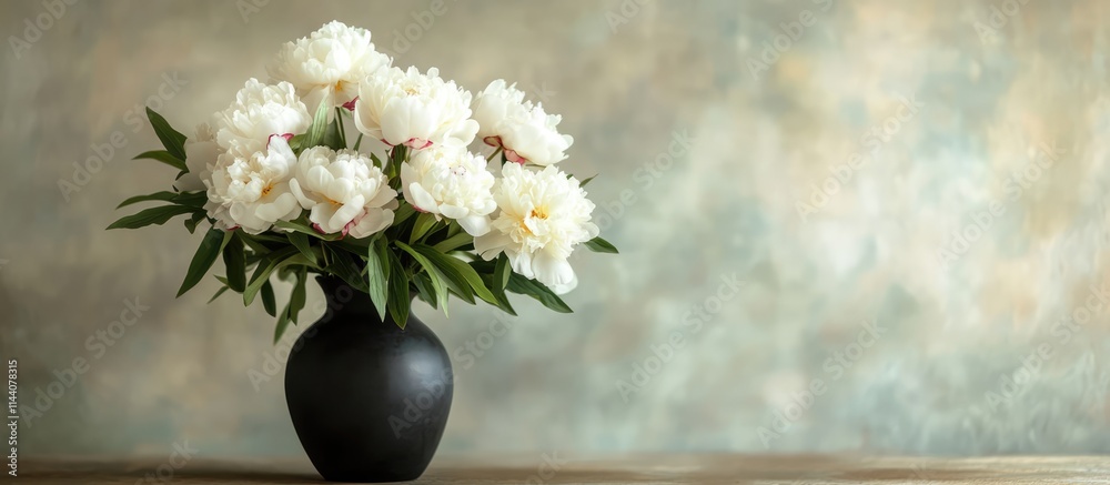 Poster Hello Spring handwritten message on stylish bouquet of white peonies in black clay vase against rustic backdrop creating a charming still life
