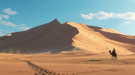 Vast Desert with High Sand Dunes, Clear Blue Sky, Camel Tracks.