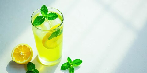 Fototapeta premium Refreshing Iced Lemon and Mint Beverage in a Tall Glass on Bright Surface