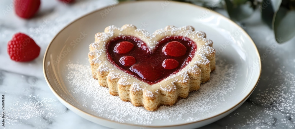 Poster Heart shaped Linzer cookie filled with raspberry jam decorated with powdered sugar on a stylish plate with fresh raspberries in background