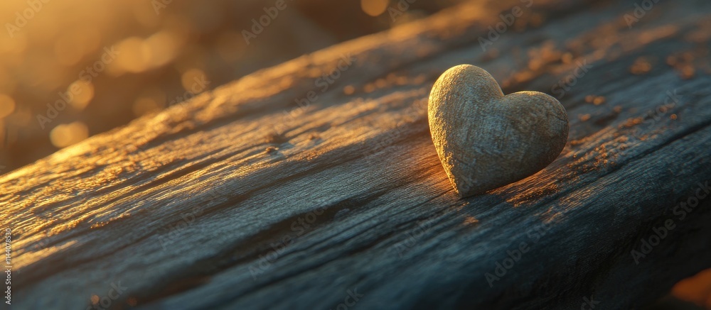 Aufkleber heart shaped stone placed gently on a weathered wooden surface illuminated by warm sunlight creating