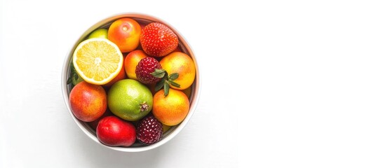 Colorful fresh fruits in a bowl for healthy eating, smoothie preparation, and detox cleanse on a white background for wellness and nutrition concepts.