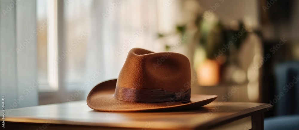 Aufkleber stylish brown hat resting on a wooden table with soft natural light illuminating the background inte