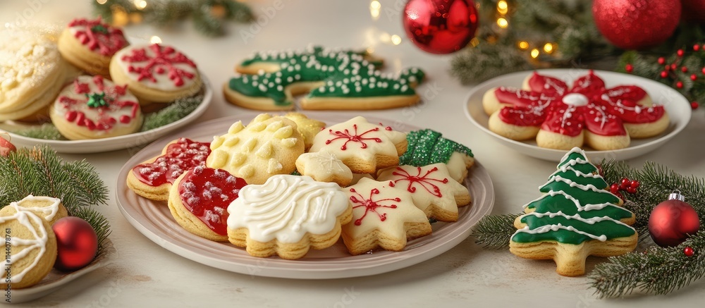 Aufkleber Festive Holiday Cookies Display with Colorful Frosting and Ornaments on a Bright Table Setting Emphasizing Seasonal Cheer