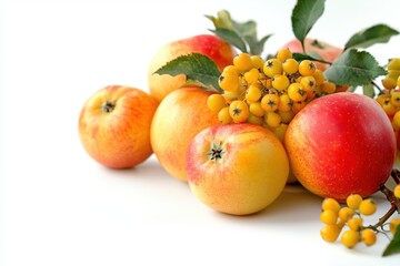 A bunch of apples and berries on a white background
