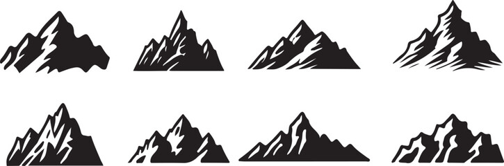 Collection of mountain silhouette icon set vector on transparent background 