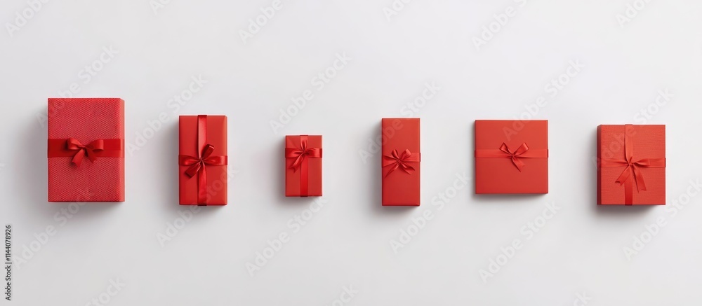 Poster red gift boxes of various sizes with ribbons arranged horizontally and vertically against a clean wh