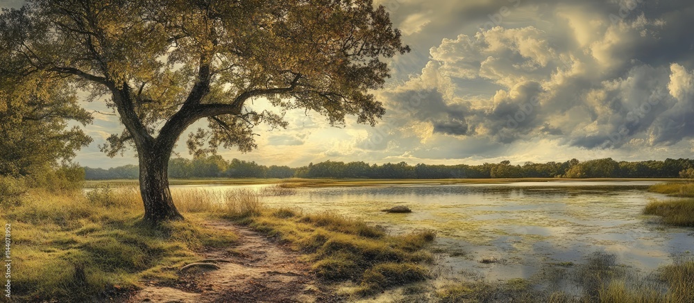 Poster serene landscape with a tree by a tranquil lake under a dramatic sky capturing the essence of nature