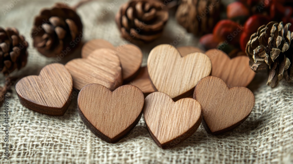 Poster handcrafted wooden hearts surrounded by natural elements on burlap background for rustic decor and r