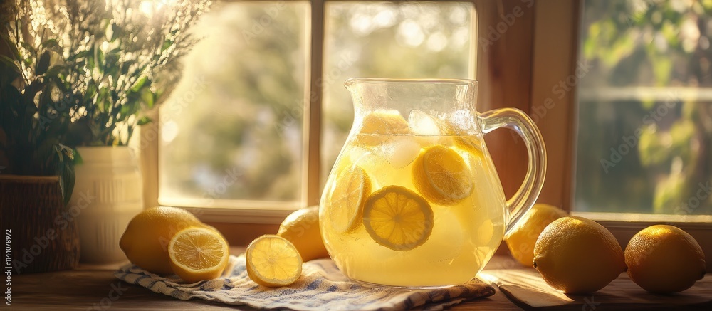 Aufkleber refreshing homemade lemonade in a glass pitcher with fresh lemons on a table by a sunlit window in a