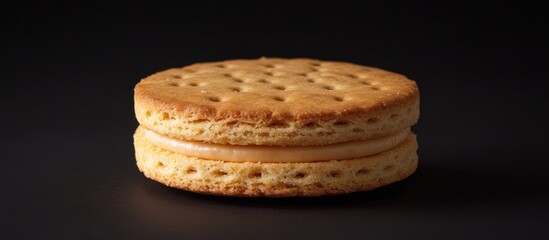 Delicious round sandwich biscuit with creamy filling on a dark background perfect for holiday treats and festive snacking ideas
