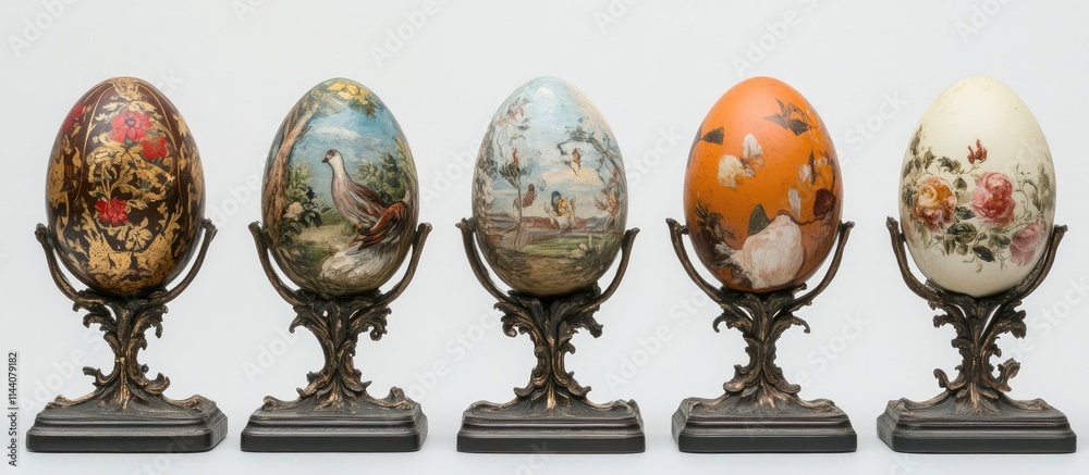 Poster elegant decorative eggs displayed in ornate holders against a clean white backdrop showcasing intric