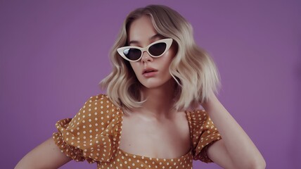 Naklejka premium A young blonde woman in a mustard polka dot dress and white cat-eye sunglasses poses against a purple background, blending a playful, fashion-forward, and subtly sensual vibe with soft lighting