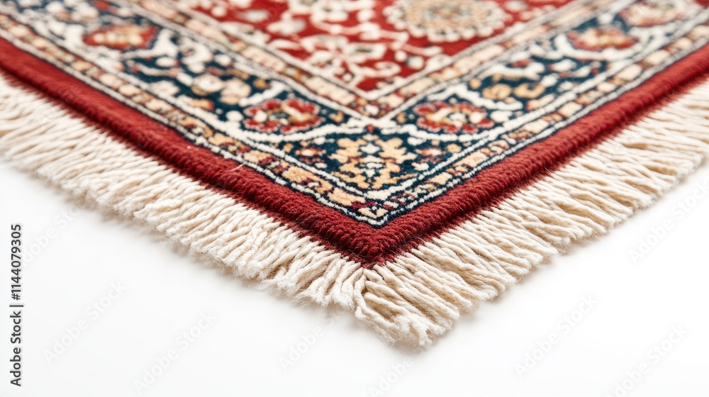 Aufkleber handcrafted miniature carpet with intricate patterns and fringed edges displayed on a clean white ba