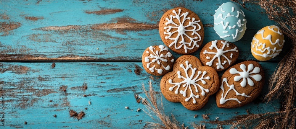 Poster homemade gingerbread cookies decorated for easter on a rustic blue wooden table creating a festive s