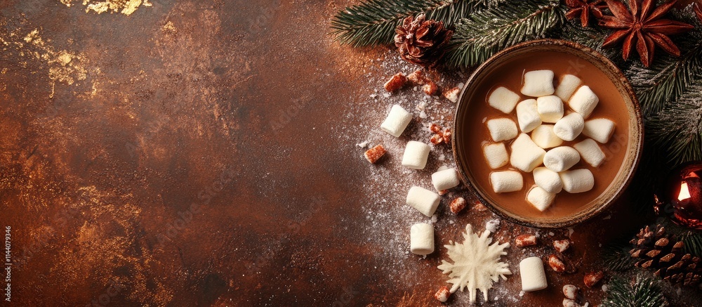 Poster cozy hot cacao with marshmallows surrounded by festive decorations on a rustic background top view