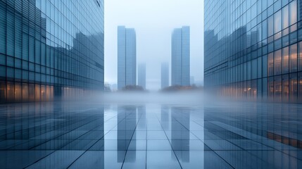 Misty Cityscape Modern Skyscrapers, Fog, Glass Facades, Urban Reflections