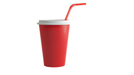 A red disposable cup with a straw placed on a transparent background ready for drinks or refreshments at any occasion.