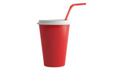 A red disposable cup with a straw placed on a transparent background ready for drinks or refreshments at any occasion.