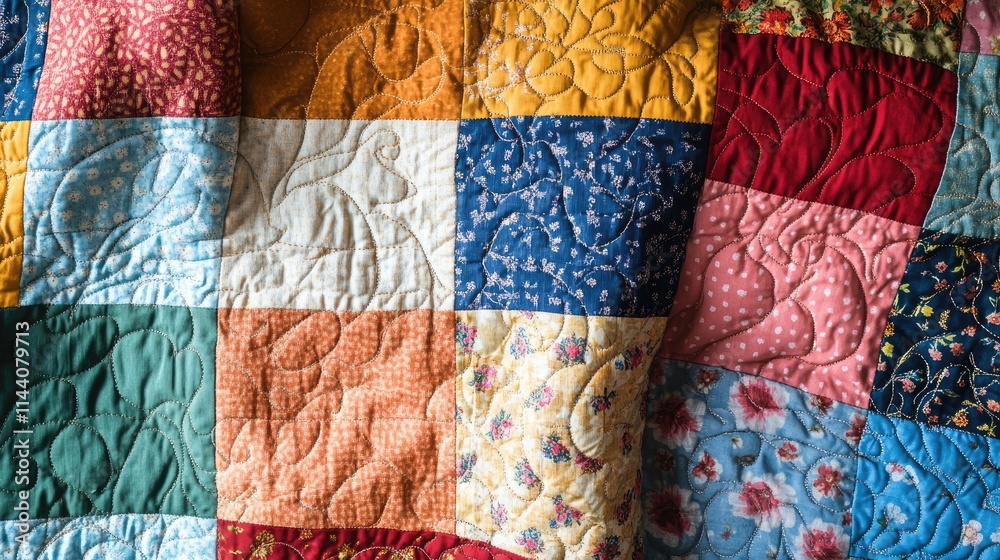 Aufkleber Colorful Handmade Patchwork Quilt Close-Up Featuring Rustic Folk Patterns and Textures Ideal for Backgrounds and Textile Design Projects