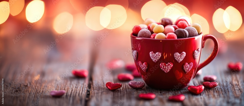 Aufkleber festive greeting card design showcasing colorful candies in a heart-adorned red cup on a wooden surf