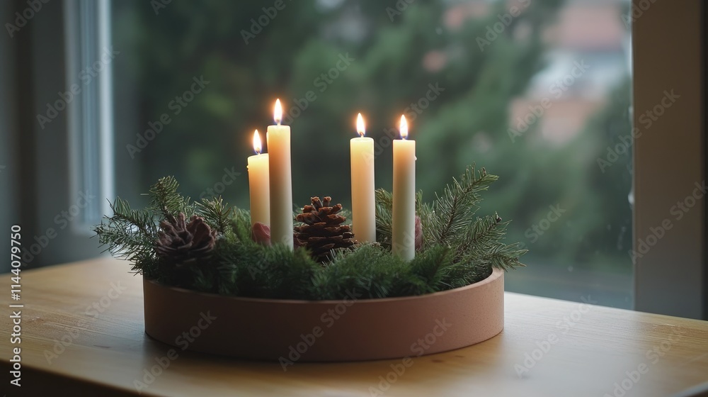 Aufkleber handmade advent wreath featuring four lit candles on a wooden table with pinecones and greenery for 