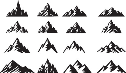 Naklejka premium Collection of mountain silhouette icon set vector on transparent background 