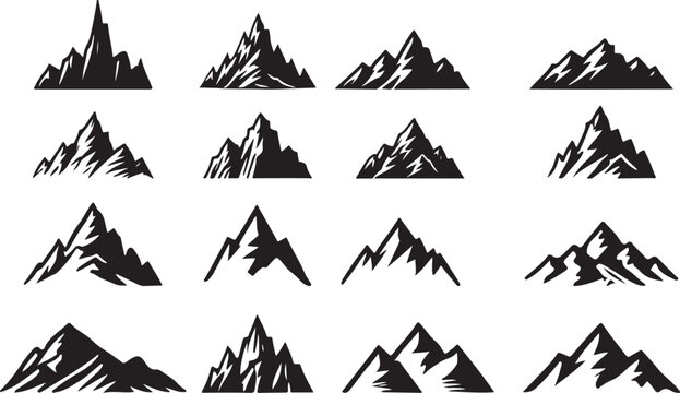 Collection of mountain silhouette icon set vector on transparent background 
