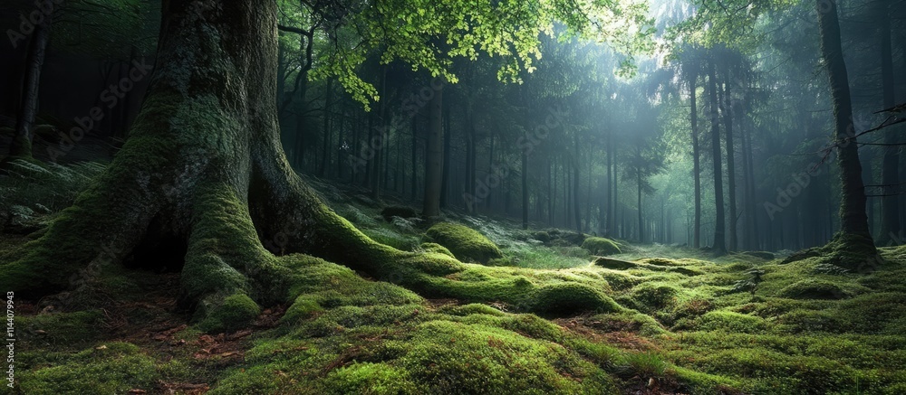 Poster serene forest scene with lush green moss and sunlight filtering through tree canopy