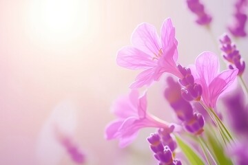 Obraz premium A field of pink flowers with the sun shining on them