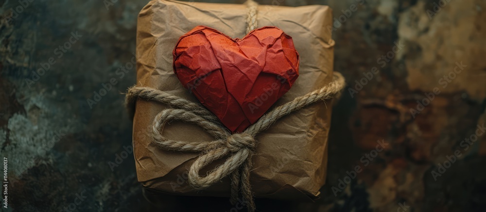 Poster heart shaped gift wrapped in brown paper with rope bow set against a textured backdrop symbolizing l