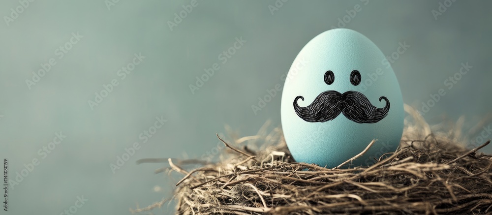Poster Hipster Easter egg with mustache nestled in a rustic nest on a soft background celebrating quirky holiday decor