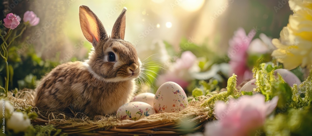Poster easter bunny sitting in a nest with colorful eggs surrounded by spring flowers in a natural setting