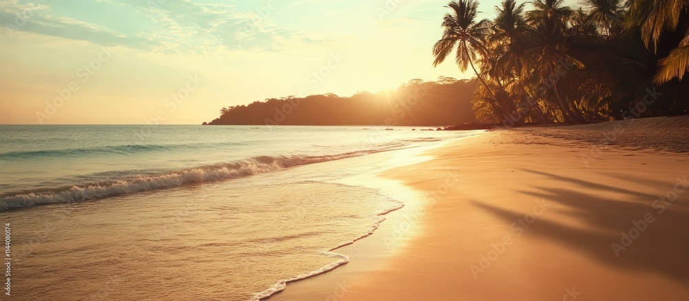 Poster serene sunset over tranquil beach with soft sand, gentle waves, and lush palm trees creating a perfe