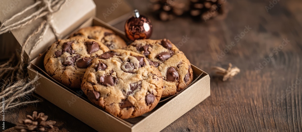 Poster homemade chocolate chip cookies in a rustic gift box on a wooden table with holiday decorations and 