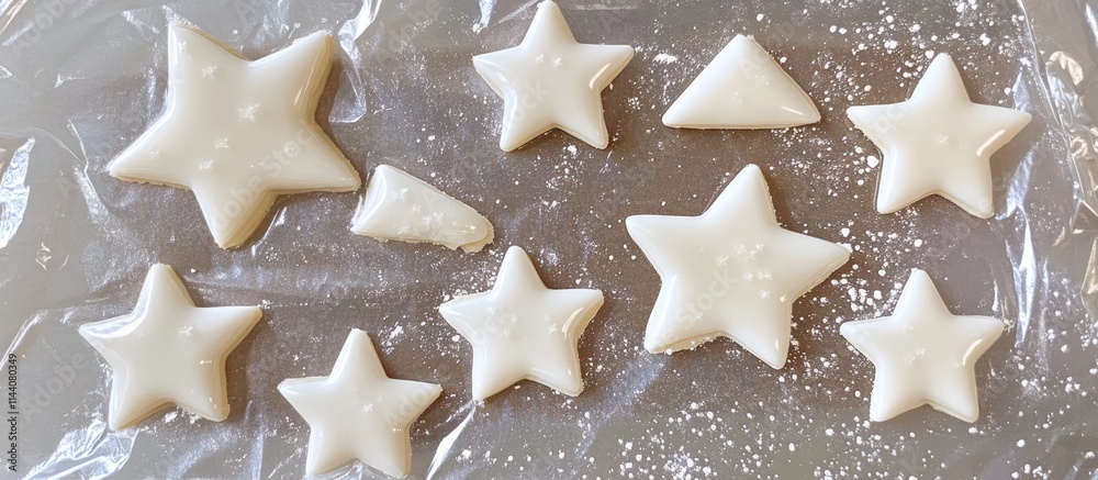 Poster homemade star-shaped cookies decorated with icing on waxed paper showcasing various sizes and deligh