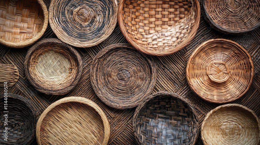 Poster Assorted handmade woven wicker baskets in various shapes and sizes arranged on a textured wooden background
