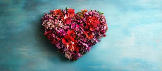 Floral heart shape arrangement with vibrant colors and empty space for text on a soft blue background