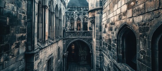 Naklejka premium Majestic historic stone castle featuring intricate architecture perfect for travel photography and heritage exploration in picturesque settings