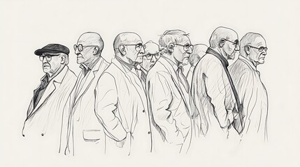 Fototapeta premium Penciled group of men in profile realistic hand-drawn sketch on plain background. AI Generated
