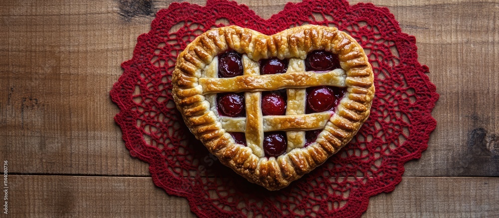 Aufkleber heart-shaped cherry hand pie displayed on a red doily against a rustic wooden background for a charm