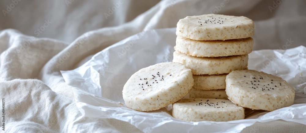 Aufkleber oatmeal shortbread cookies stacked on white paper with a soft cloth background perfect for healthy s