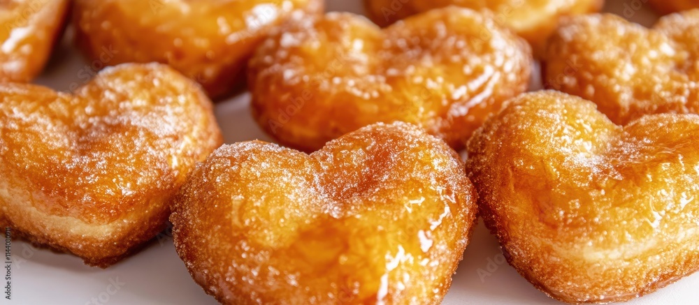 Poster close up of delicious heart shaped donuts dusted with sugar on a clean white background ideal for va